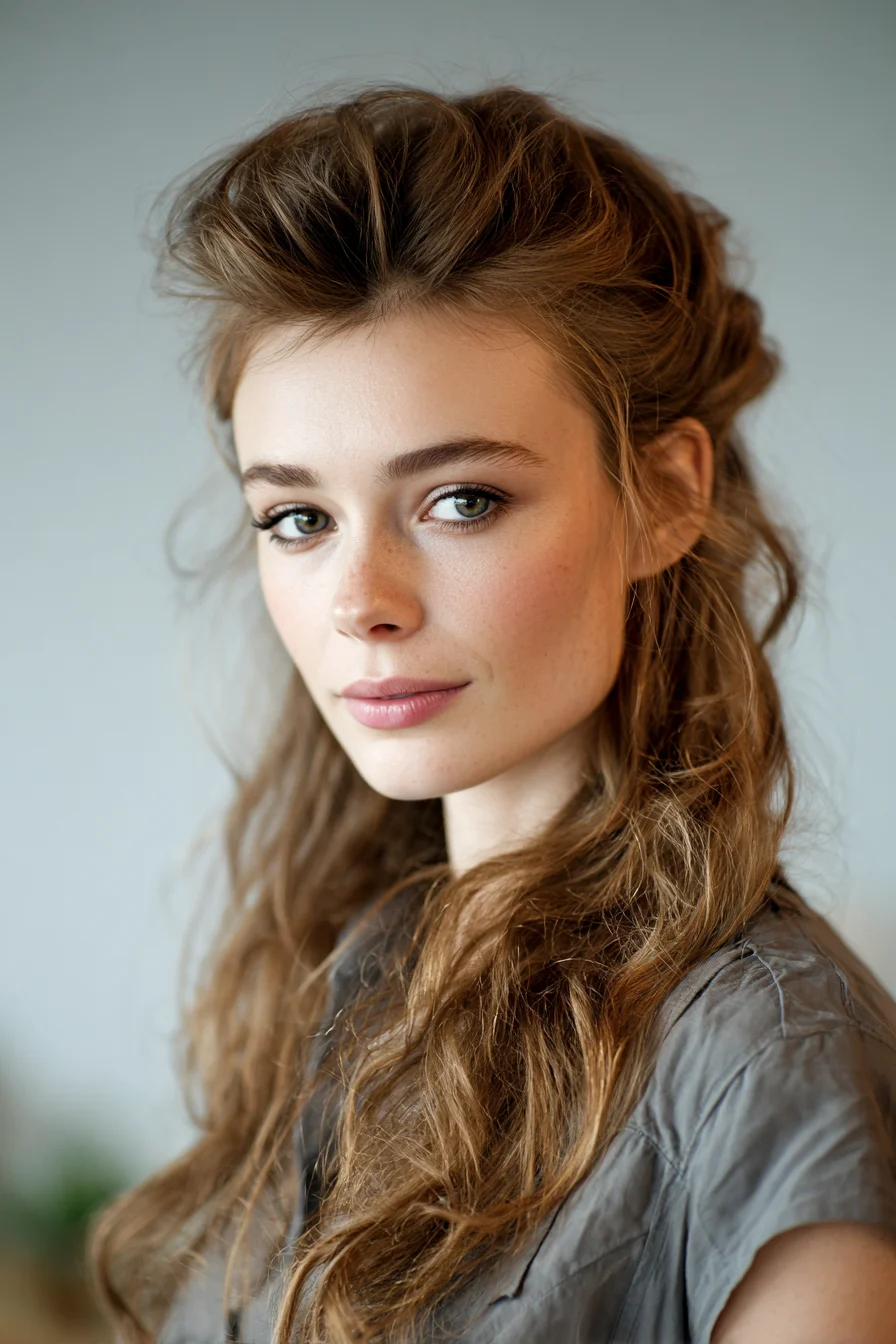 Textured Half-Up with Voluminous Crown and Loose Tousled Waves