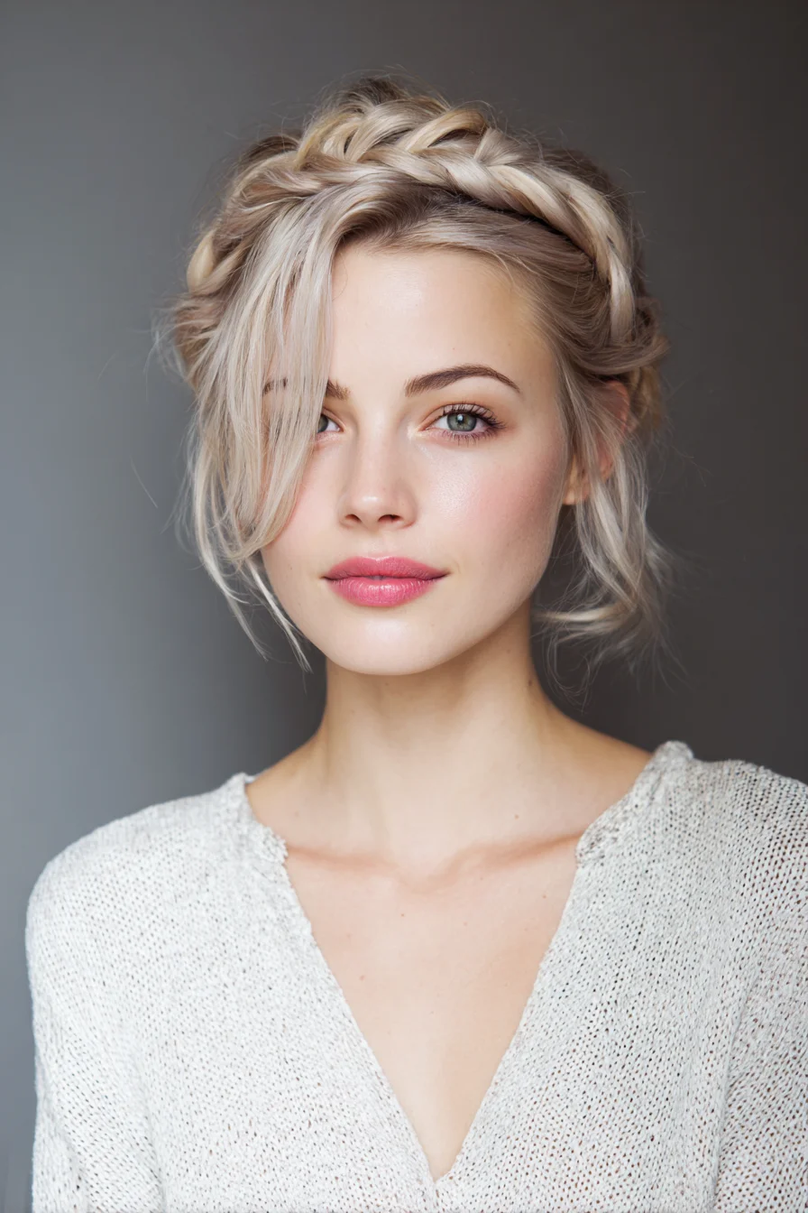 Textured Halo Braid Updo with Face‑Framing Pieces