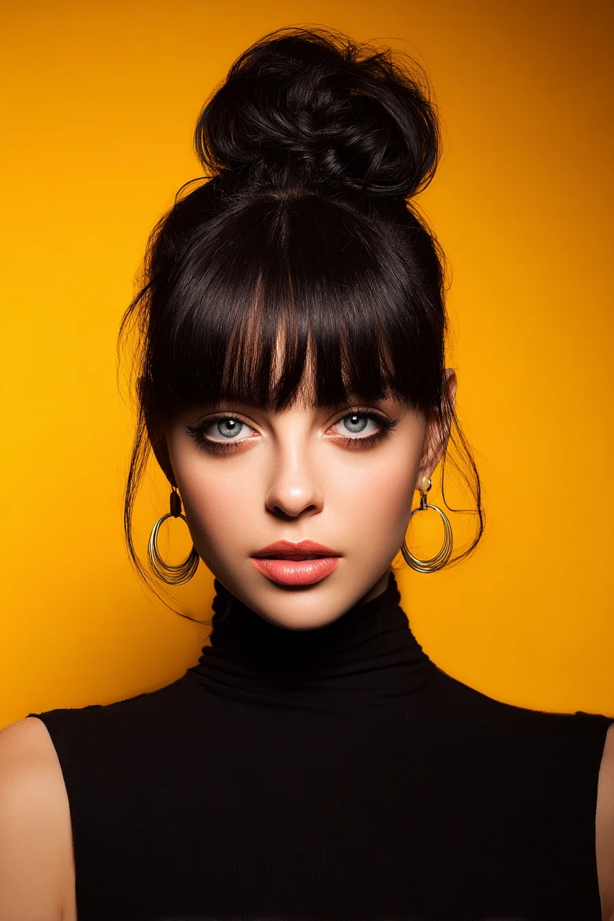 Textured High Bun with Blunt Fringe and Face‑Framing Tendrils