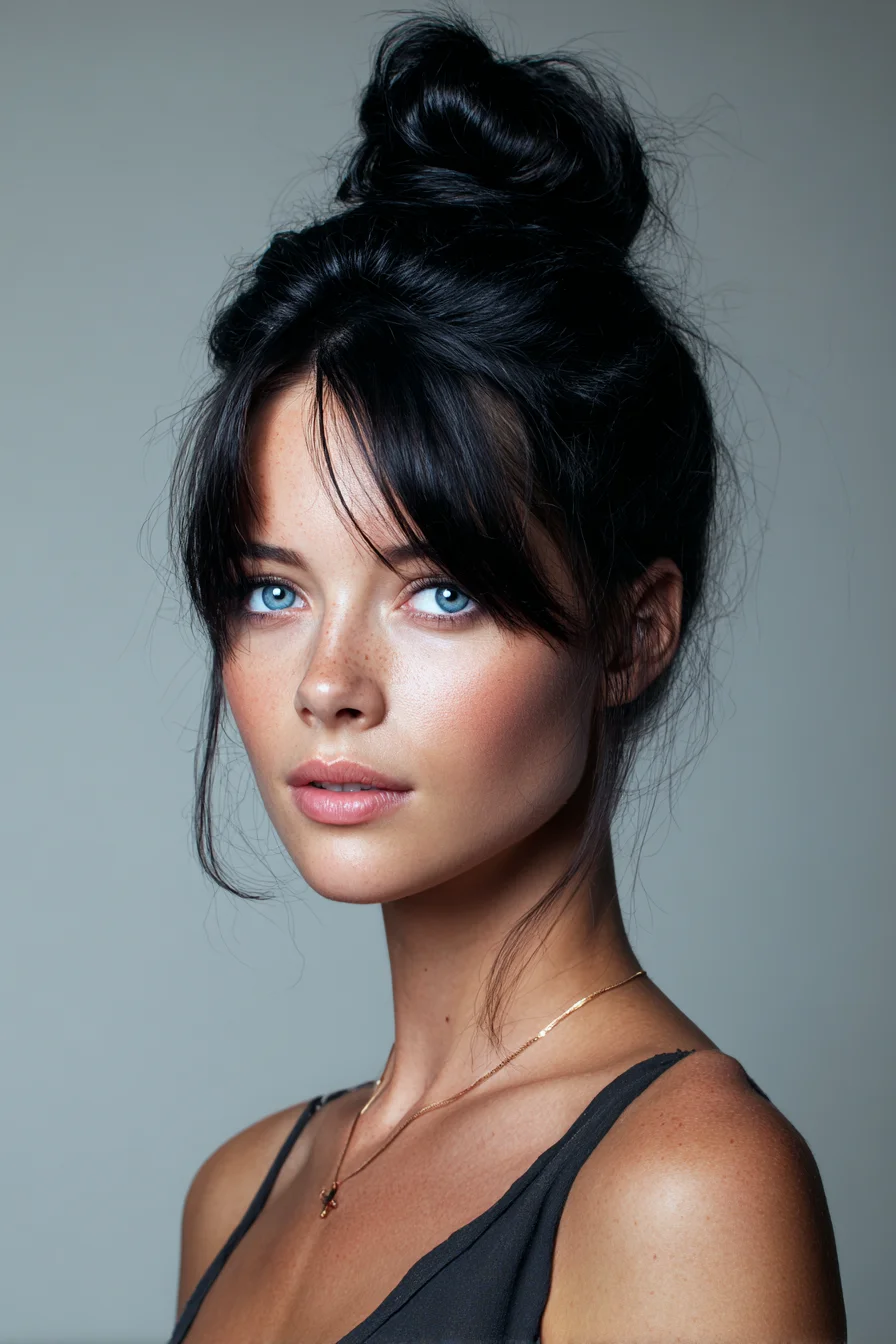 Textured High Bun with Curtain Bangs — Messy Top Knot for Fine to Medium Hair