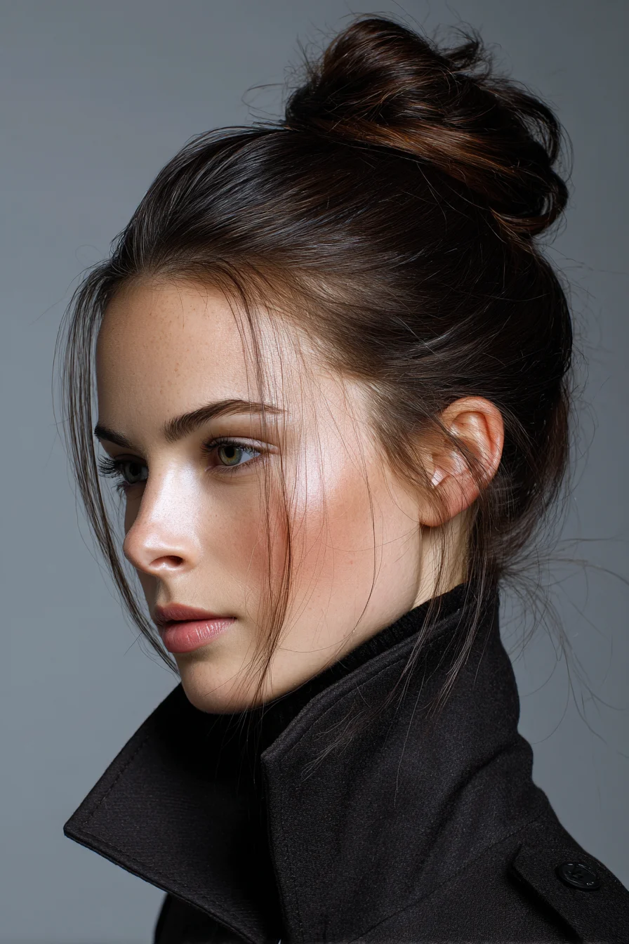 Textured High Bun with Soft Face‑Framing Tendrils