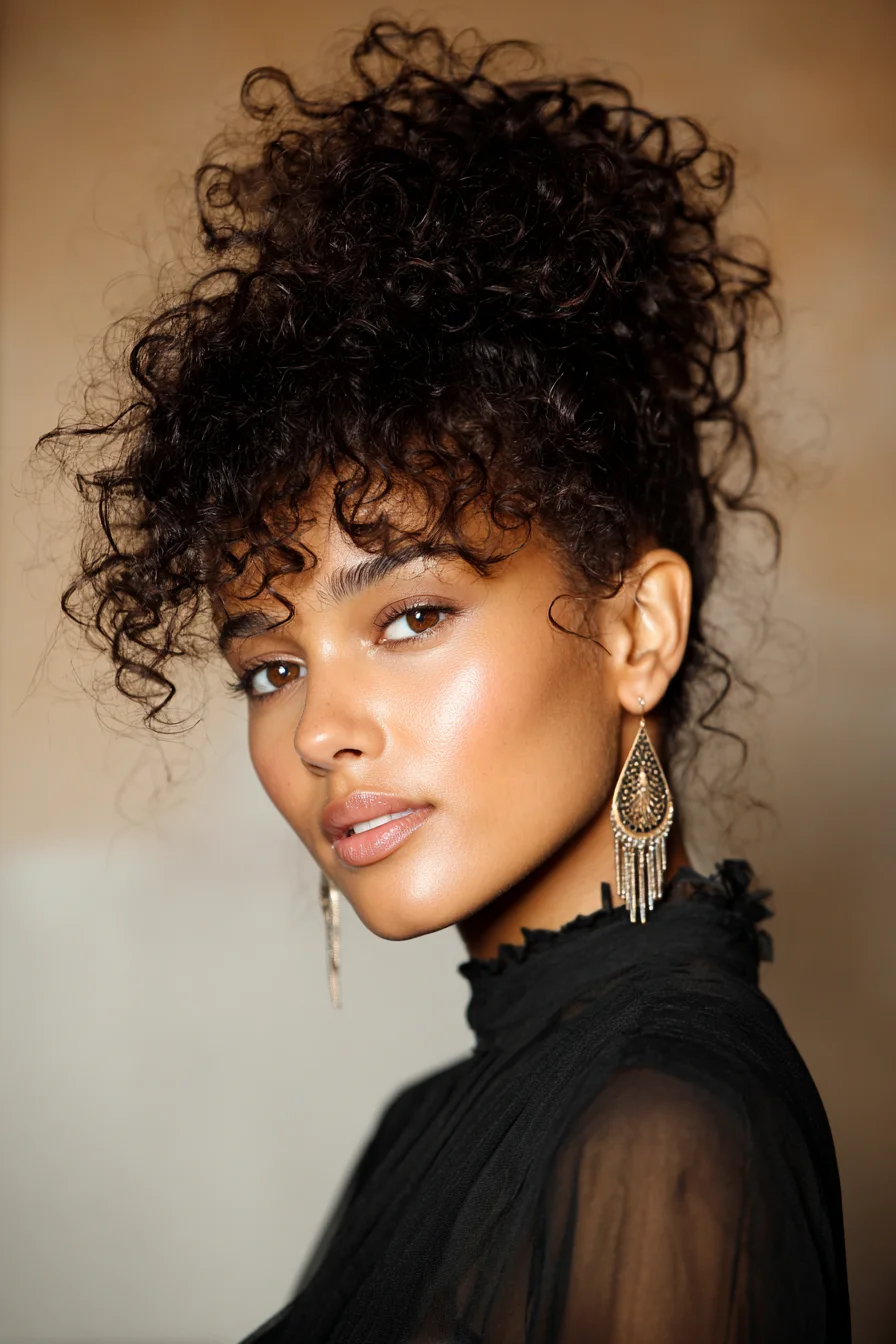 Textured High Curly Bun with Soft Face‑Framing Curls