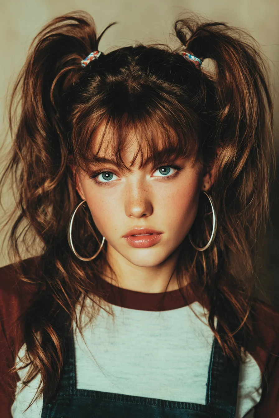 Textured High Double Ponytails with Curtain Bangs