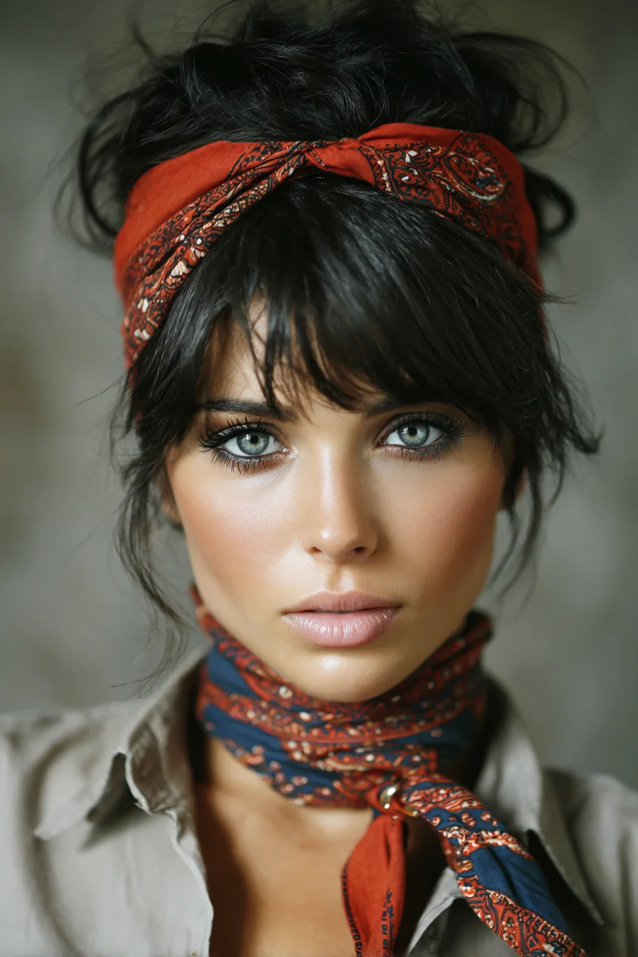 Textured High Messy Bun with Bandana Headband and Curtain Bangs