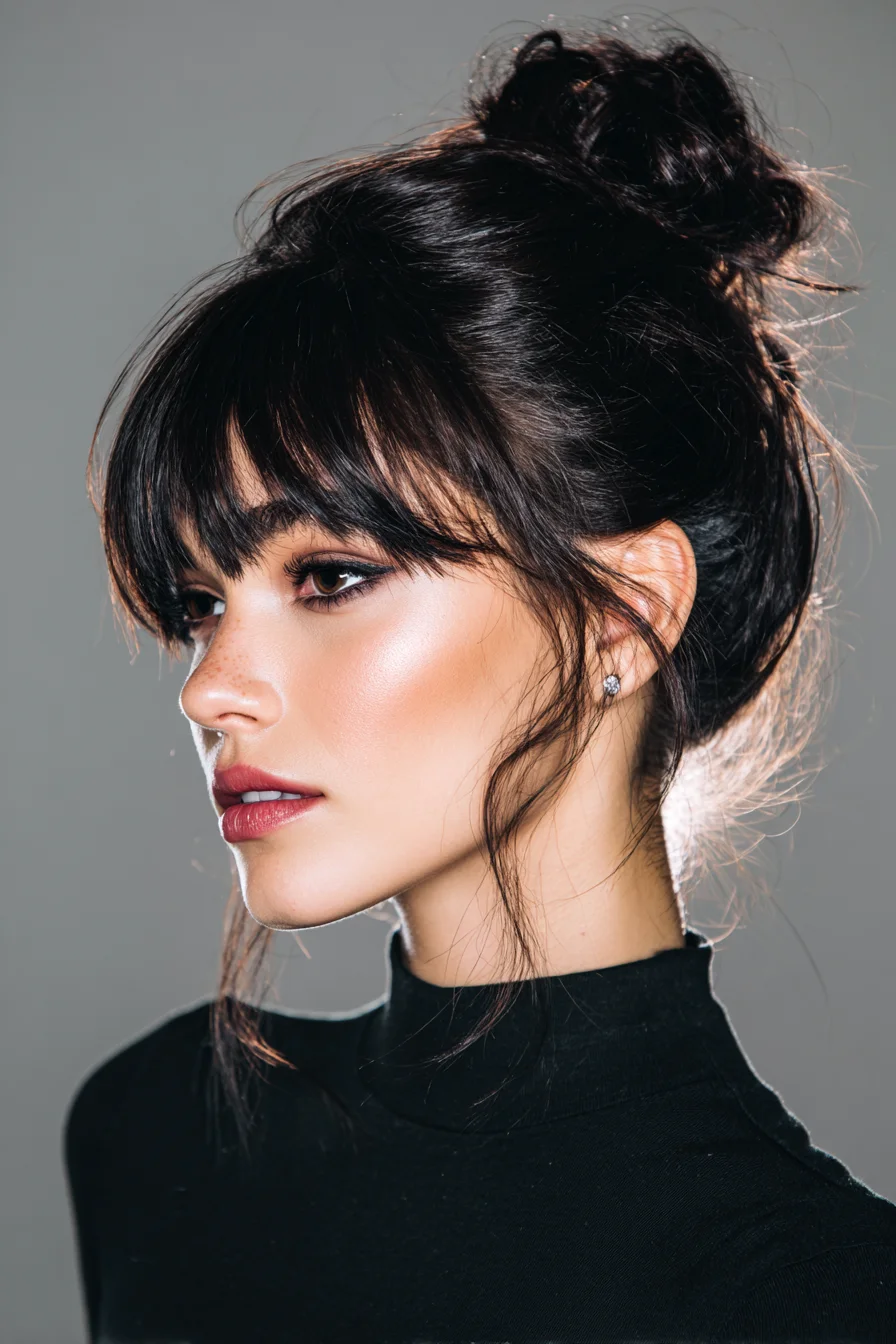Textured High Messy Bun with Curtain Bangs and Face‑Framing Tendrils