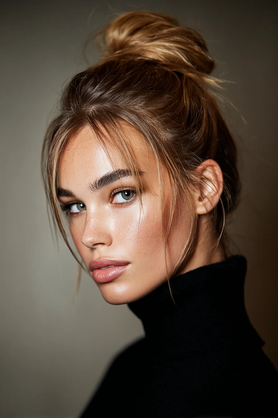 Textured High Messy Bun with Face-Framing Fringe
