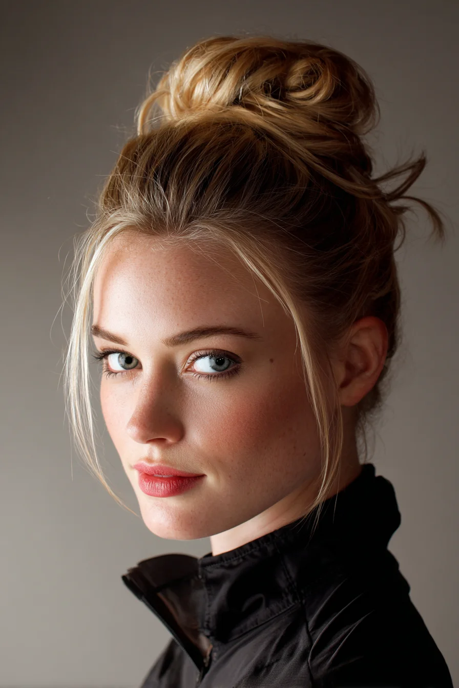 Textured High Messy Bun with Face‑Framing Pieces