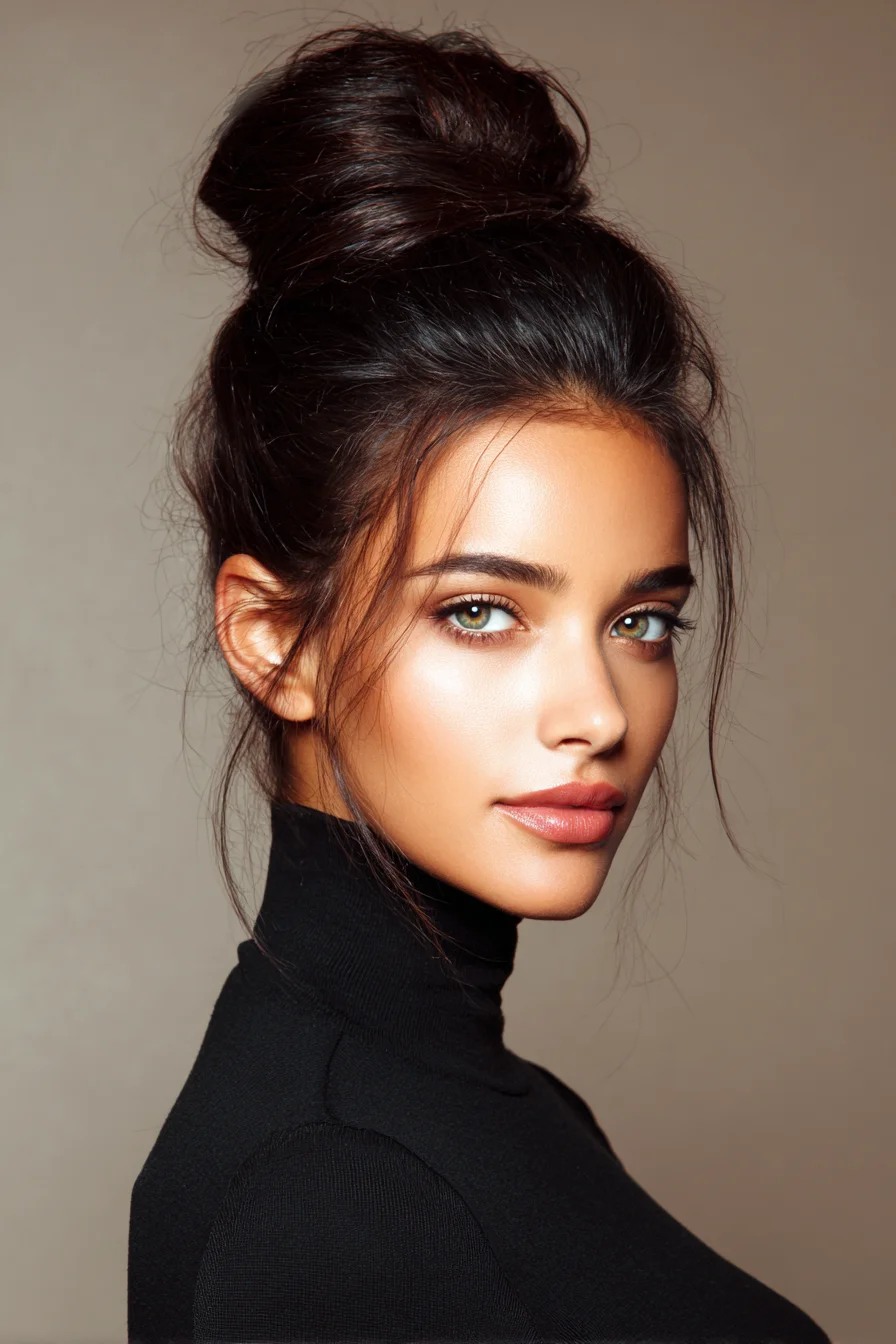 Textured High Messy Bun with Face‑Framing Tendrils