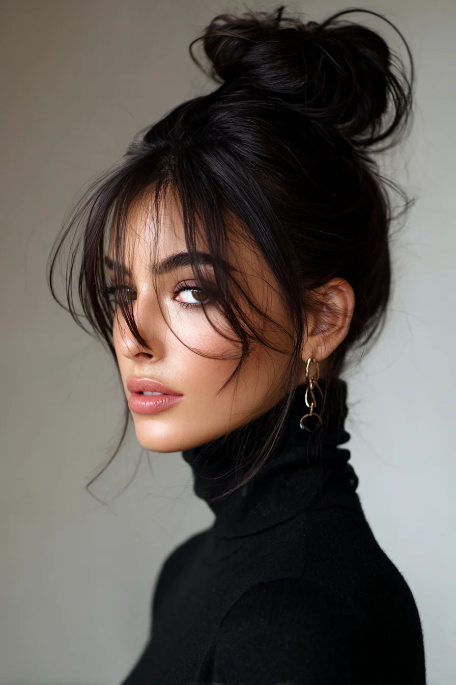 Textured High Messy Bun with Face‑Framing Wispy Bangs