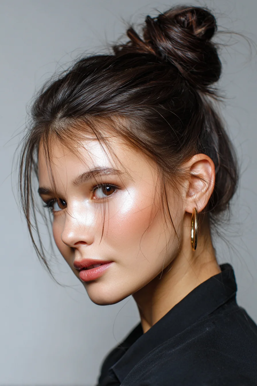 Textured High Messy Bun with Face-Framing Wispy Bangs