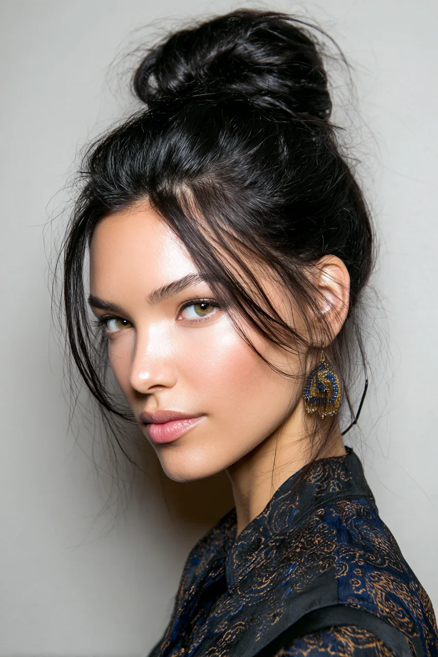 Textured High Messy Bun with Soft Face‑Framing Pieces