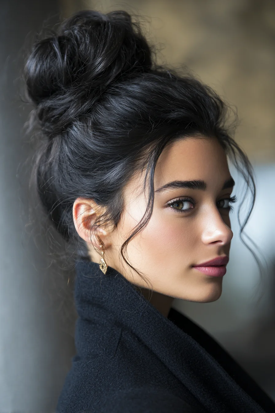 Textured High Messy Bun with Soft Face‑Framing Tendrils