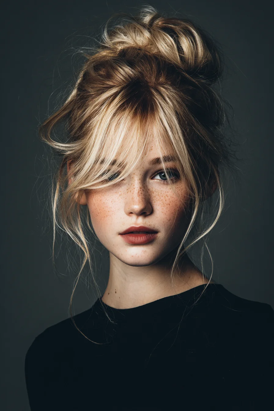 Textured High Messy Bun with Wispy Face‑Framing Bangs