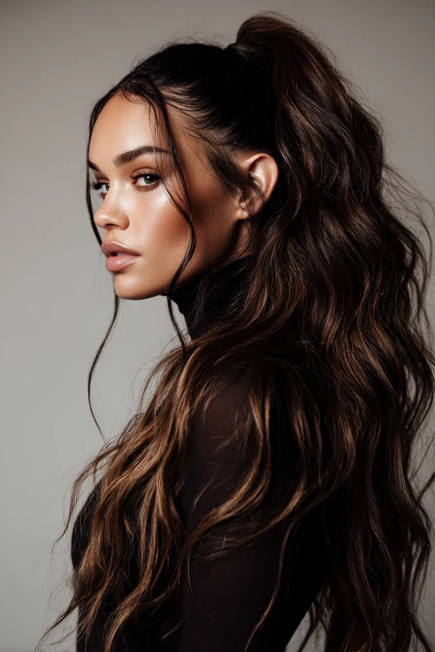 Textured High Ponytail with Face-Framing Pieces for Long Wavy Hair