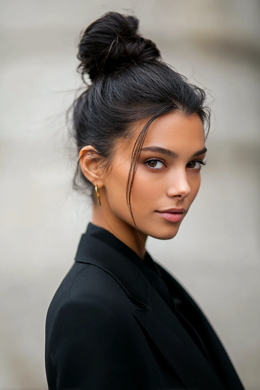 Textured High Topknot Bun with Face‑Framing Tendrils