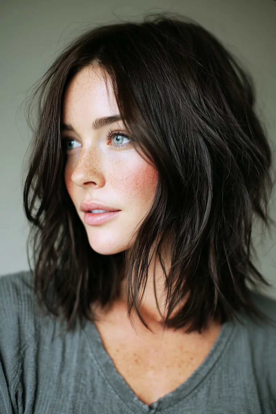 Textured Layered Lob with Soft Curtain Face-Framing and Tousled Waves