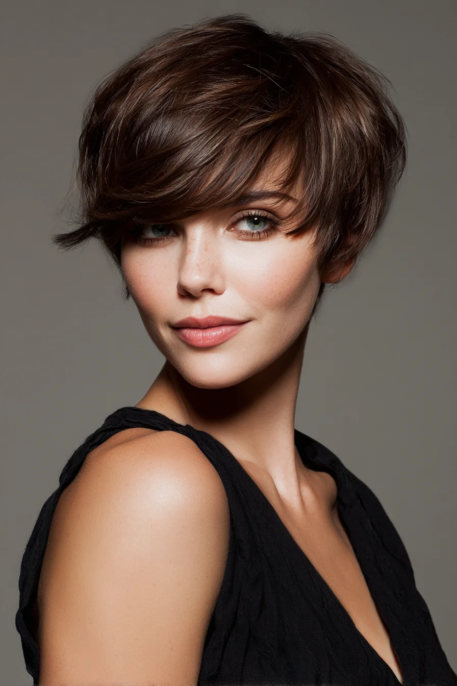 Textured Layered Pixie with Long Side-Swept Bangs