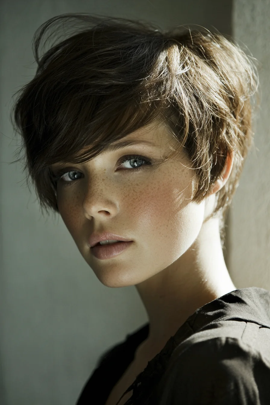 Textured Layered Pixie with Long Side-Swept Fringe