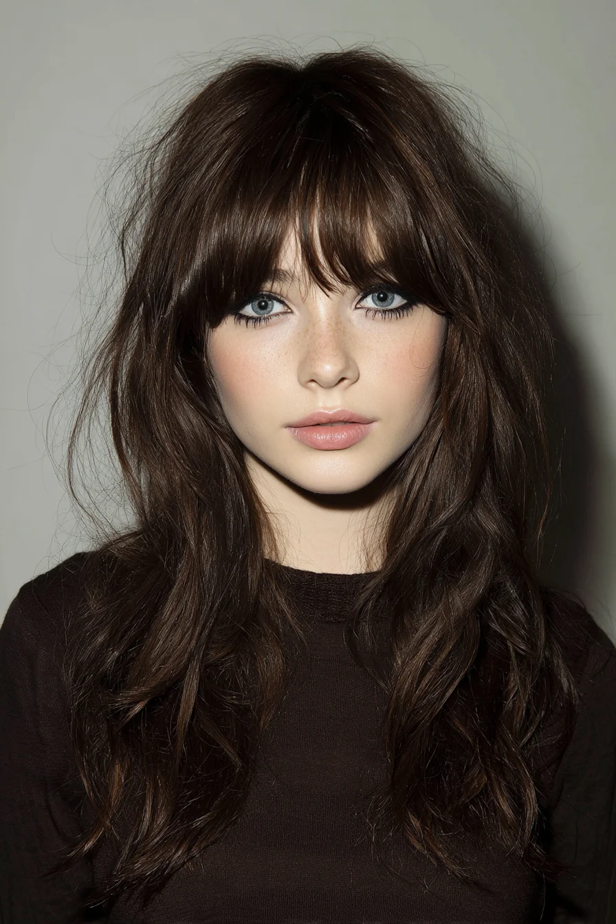 Textured Long Layers with Wispy Blunt Fringe — Tousled Shag Style