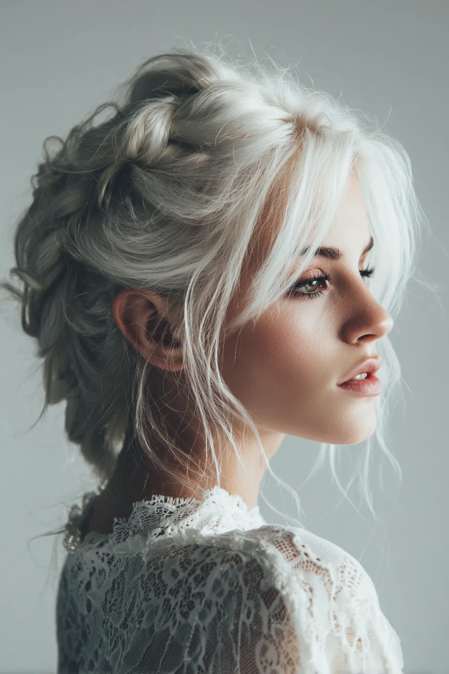 Textured Loose Braided Updo with Face‑Framing Bangs