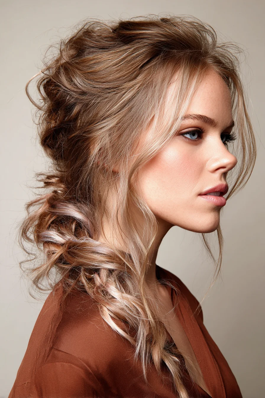 Textured Loose Side Braid Updo with Face‑Framing Layers