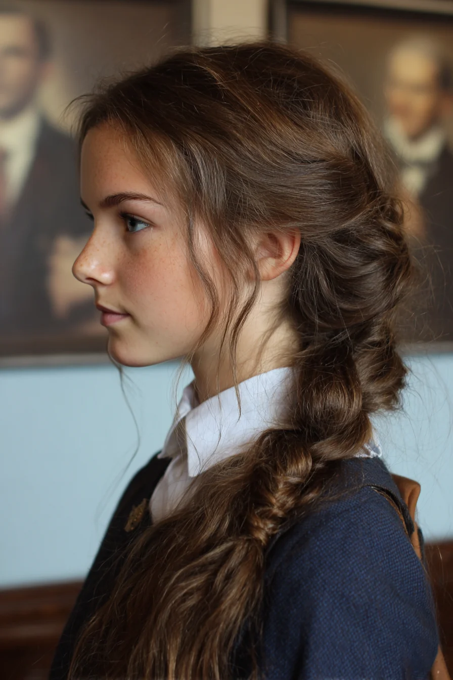 Textured Loose Side Fishtail Braid with Face‑Framing Tendrils