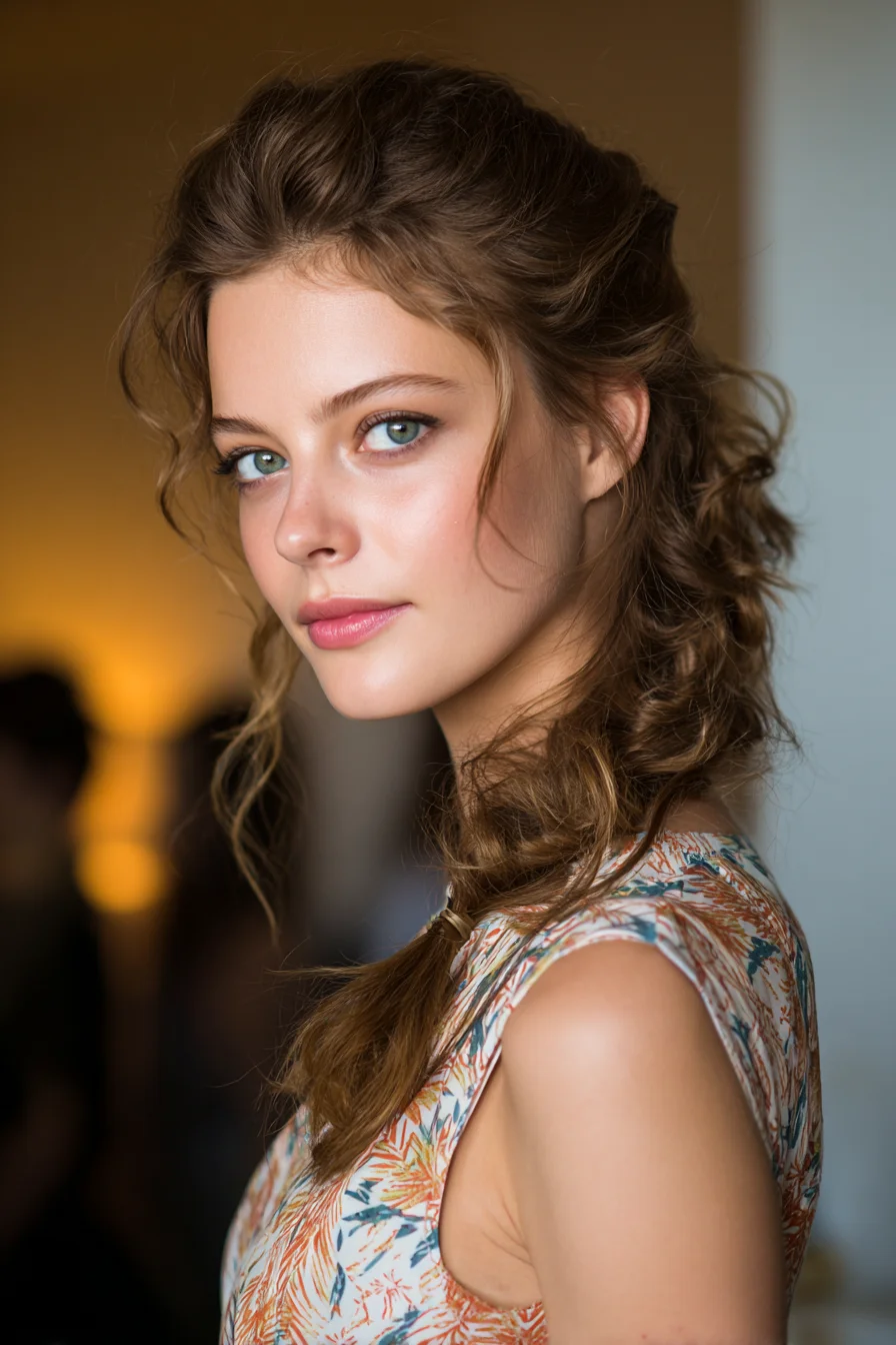 Textured Low Braided Side Pony with Face‑Framing Tendrils