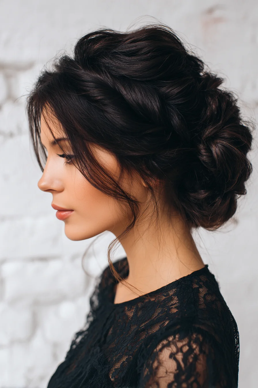 Textured Low Braided/Twisted Chignon with Face‑Framing Tendrils