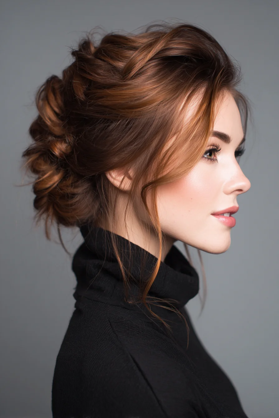 Textured Low Braided Updo with Face-Framing Tendrils