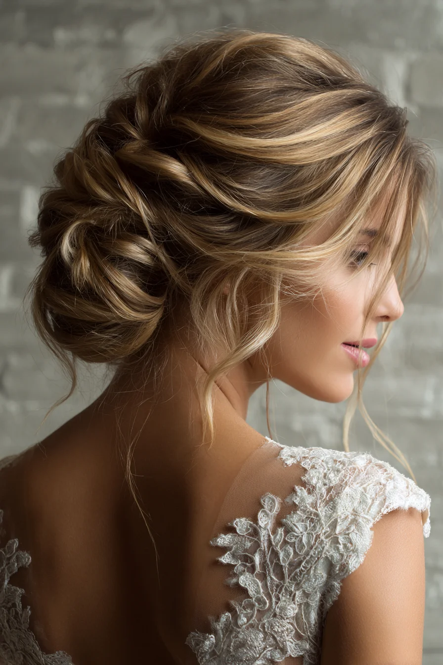 Textured Low Bun Updo with Face‑Framing Tendrils — Romantic Bridal Style