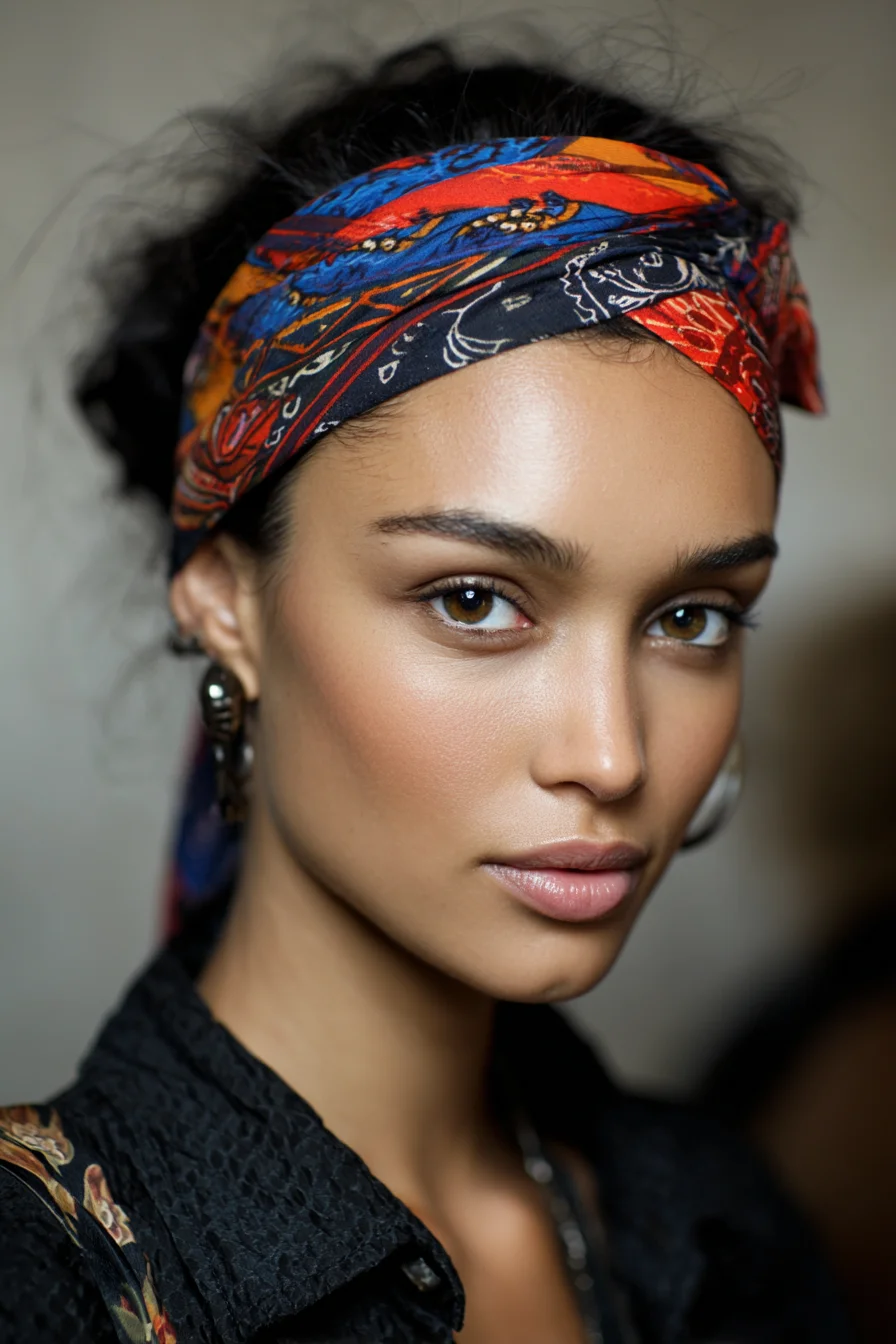 Textured Low Bun with Patterned Headscarf — Loose Updo for Natural & Wavy Hair