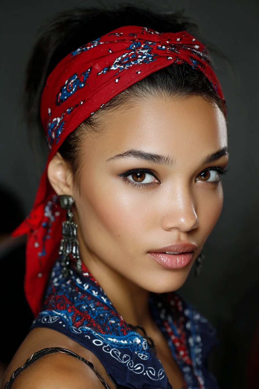 Textured Low Bun with Red Bandana Headscarf — Boho Headwrap Style