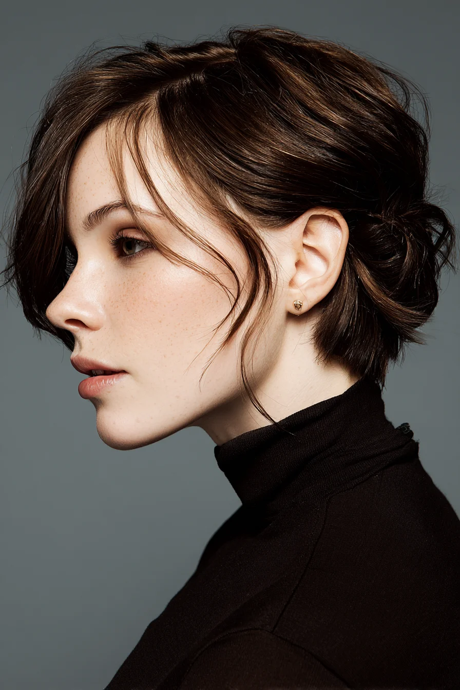 Textured Low Chignon Updo with Face‑Framing Tendrils for Short–Medium Hair