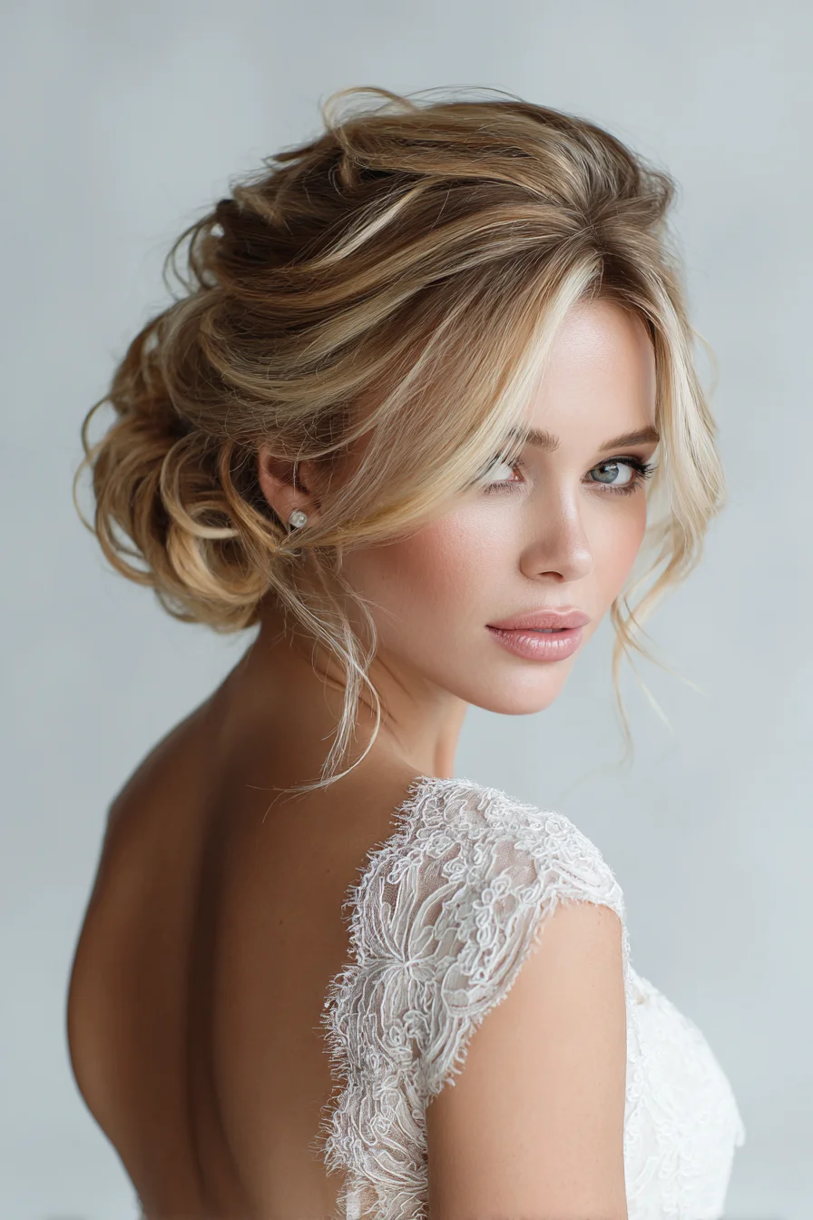 Textured Low Chignon Updo with Soft Face‑Framing Layers