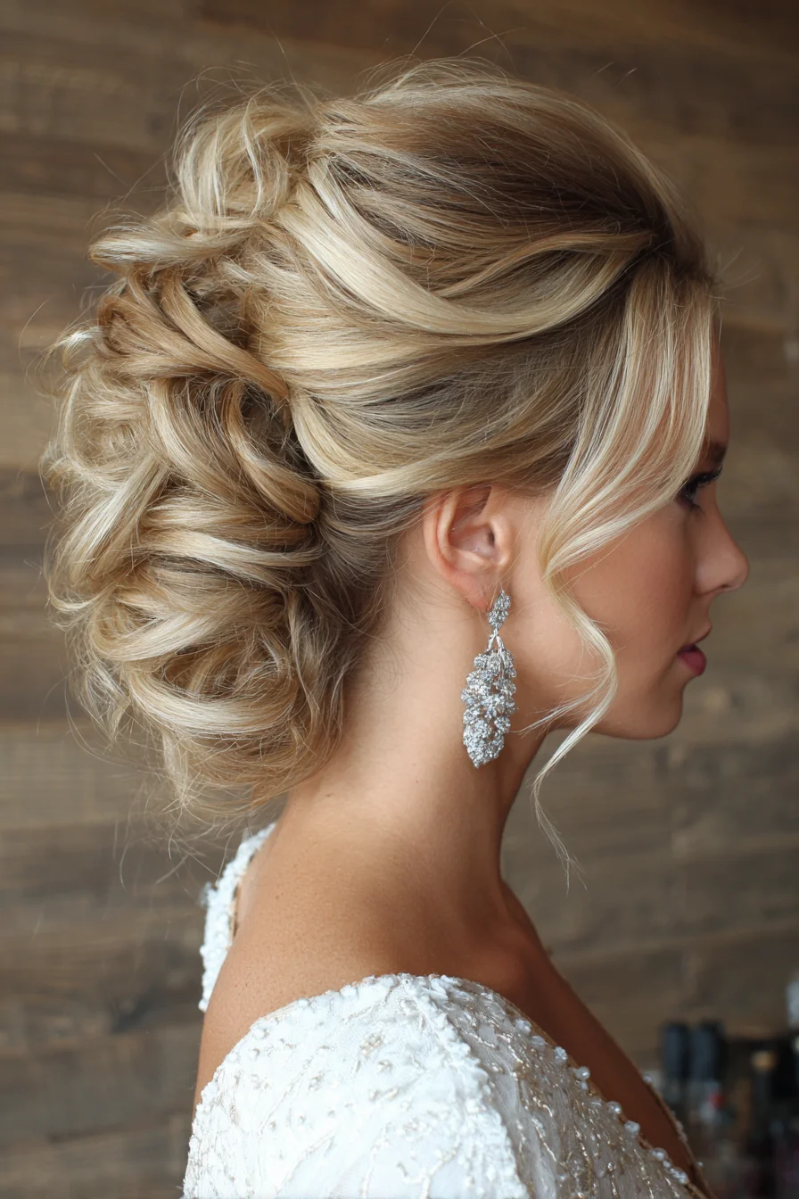 Textured Low Chignon Updo with Soft Face‑Framing Tendrils