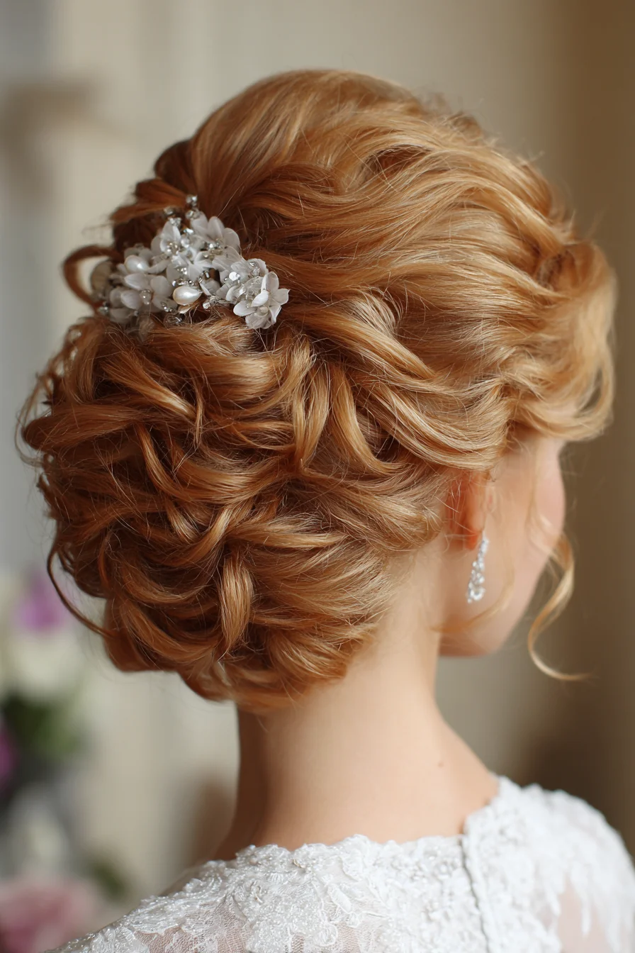 Textured Low Chignon Updo with Soft Waves and Floral Hairpin