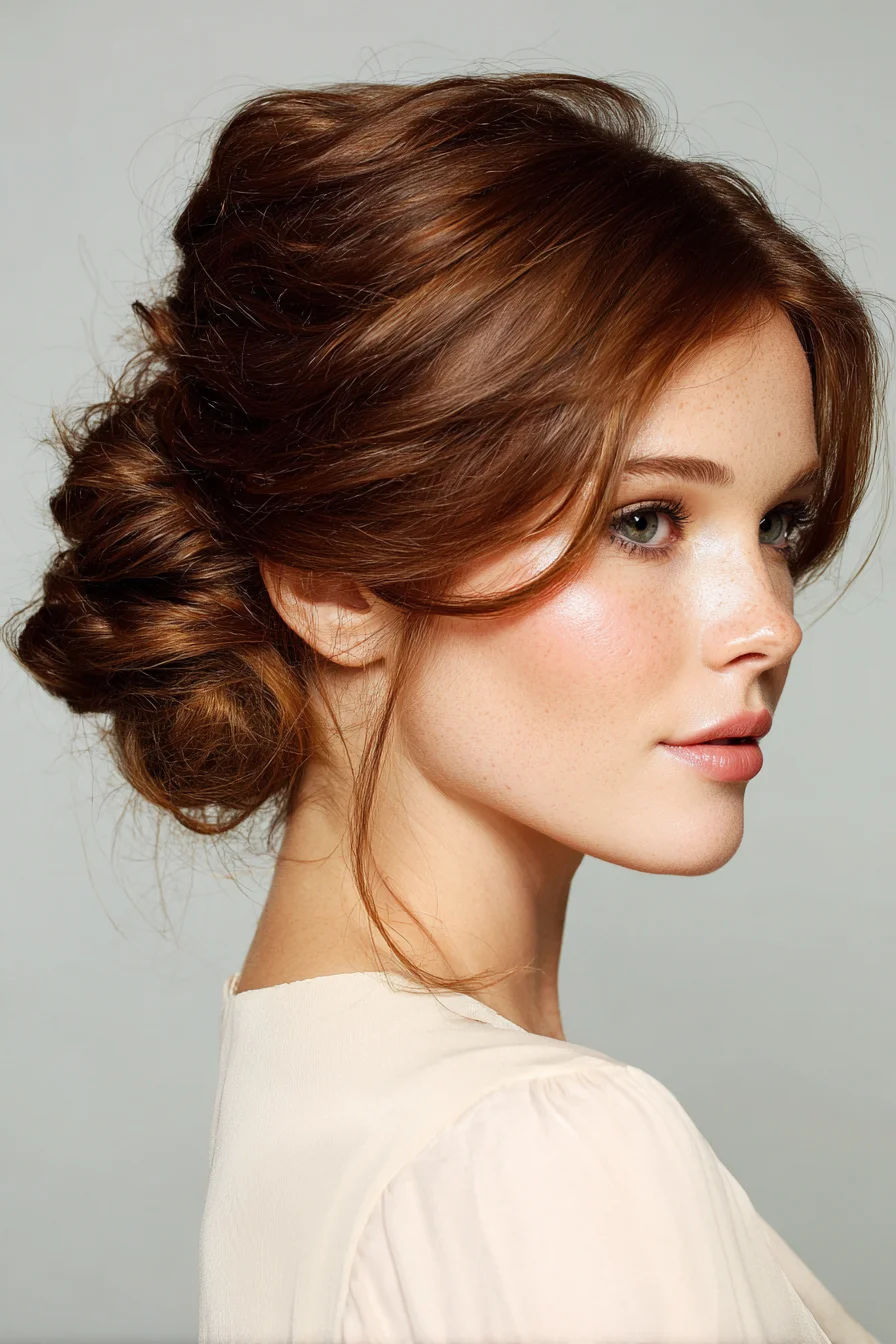 Textured Low Chignon with Face‑Framing Tendrils