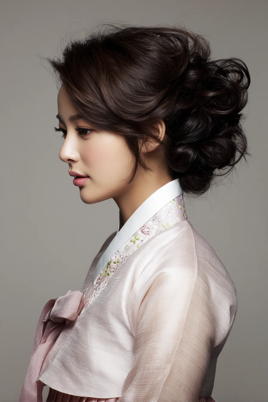 Textured Low Looped Bun Updo with Side‑Swept Fringe