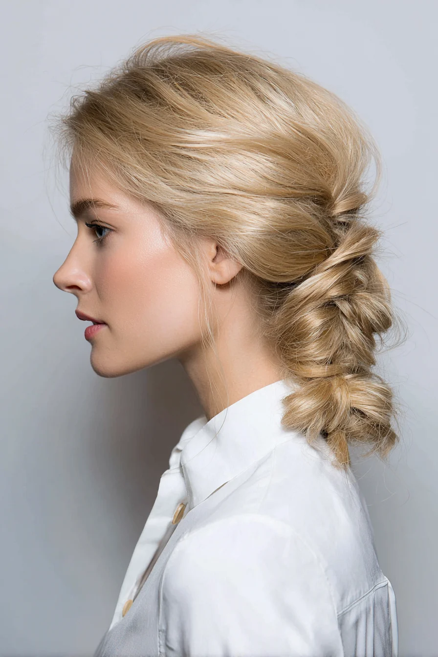 Textured Low Loose Braided Updo for Medium–Long Hair