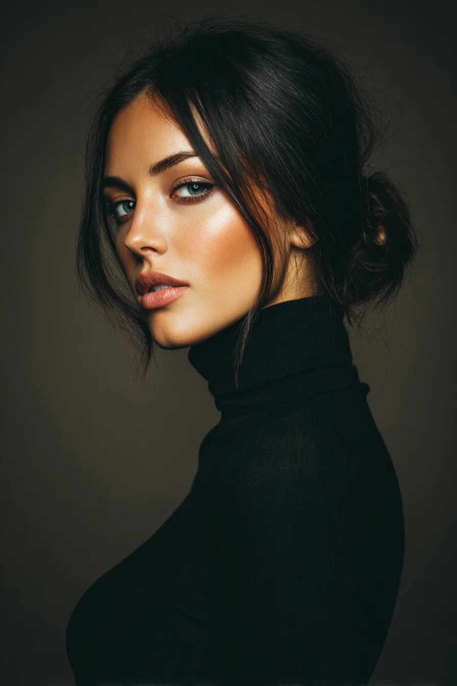 Textured Low Messy Bun with Face‑Framing Curtain Strands