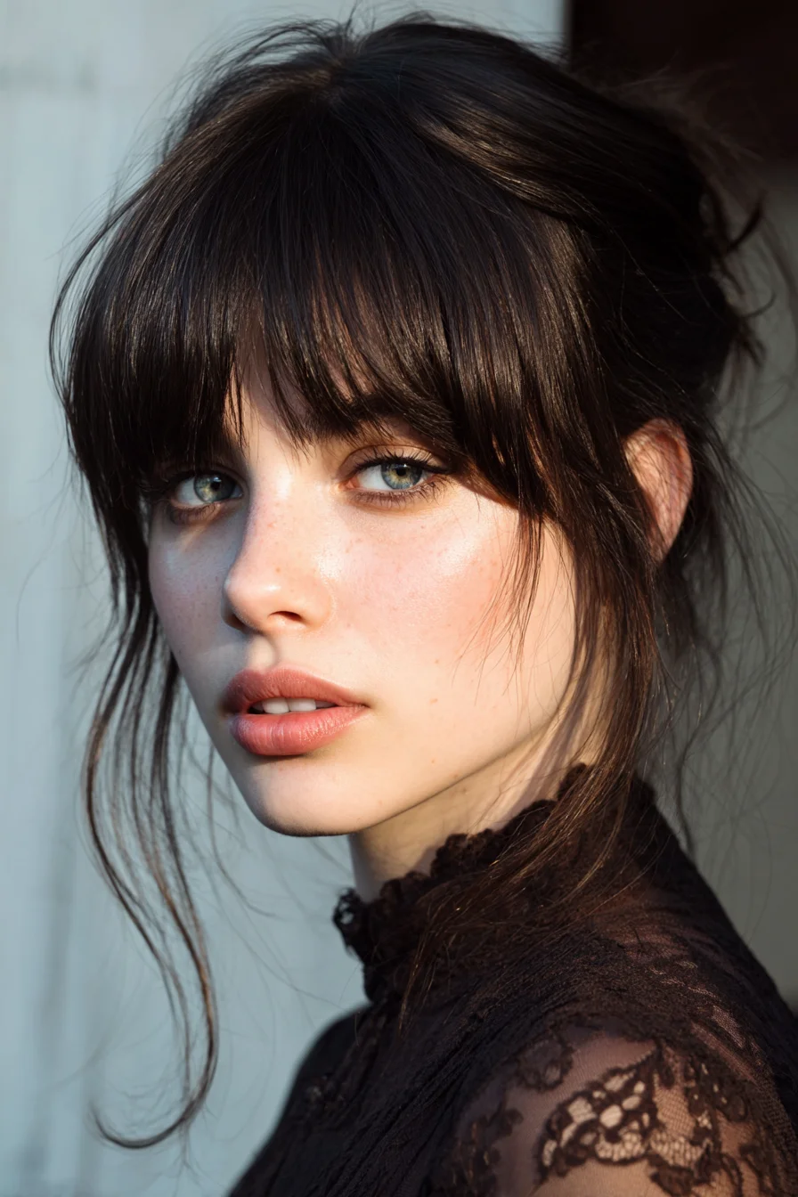 Textured Low Messy Bun with Wispy Curtain Bangs