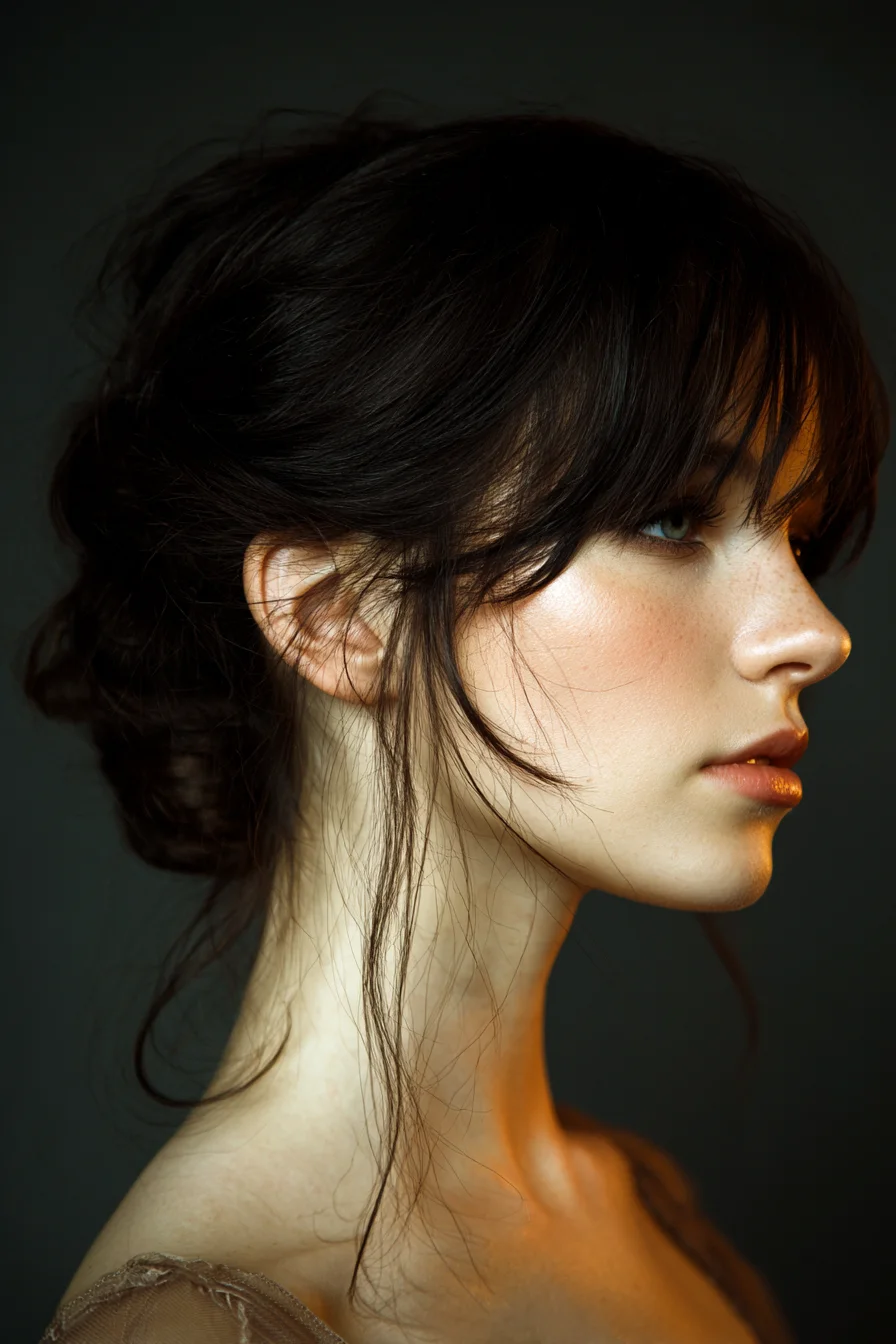 Textured Low Messy Bun with Wispy Face‑Framing Bangs