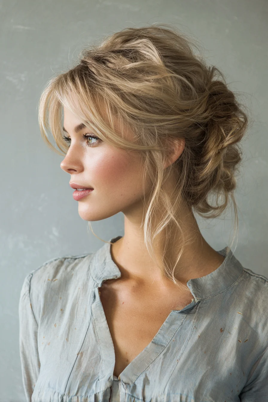 Textured Low Messy Chignon with Soft Face‑Framing Layers