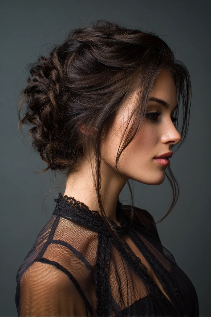 Textured Low Messy Updo with Face‑Framing Tendrils