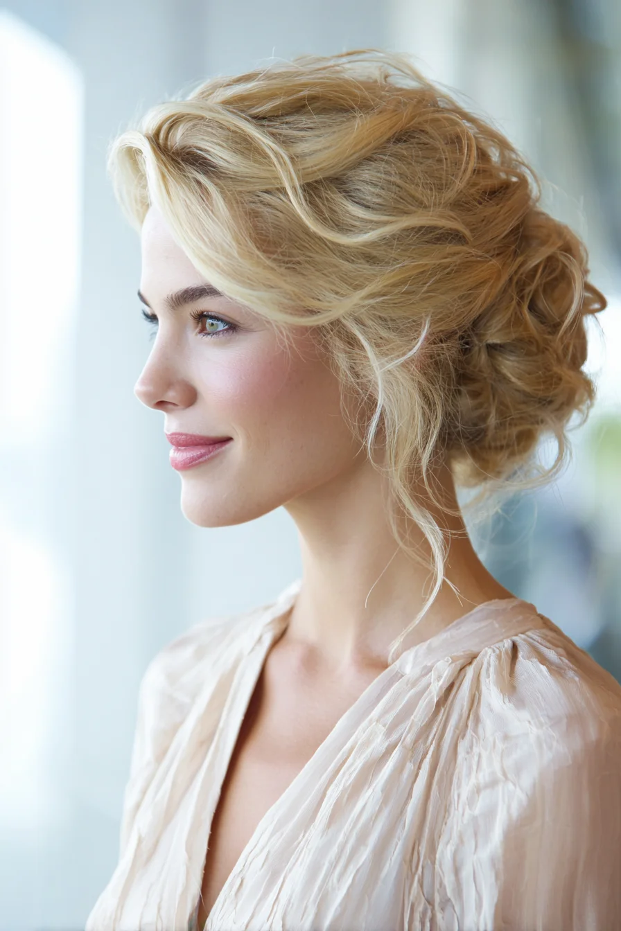 Textured Low Romantic Updo with Face-Framing Tendrils