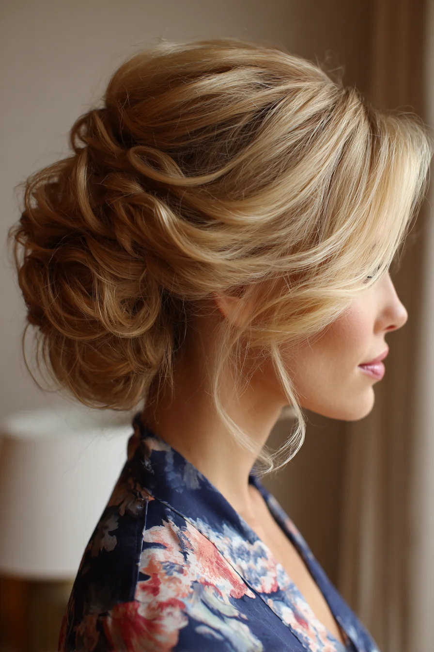 Textured Low Romantic Updo with Face‑Framing Tendrils
