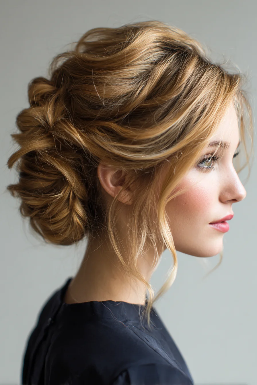 Textured Low Romantic Updo with Face-Framing Tendrils