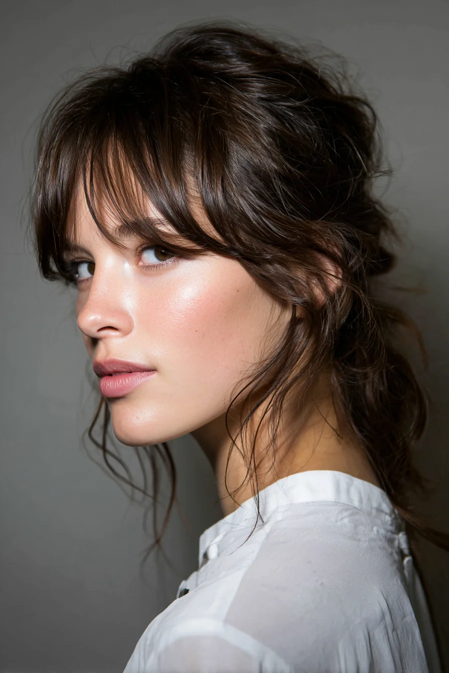 Textured Low Tousled Pony with Curtain Bangs and Face-Framing Layers