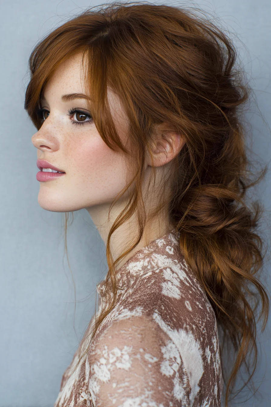 Textured Low Tousled Pony with Face‑Framing Curtain Bangs