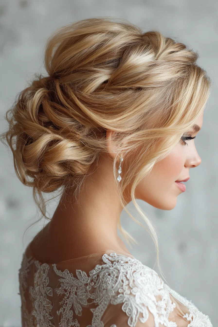 Textured Low Twisted Bridal Updo with Face‑Framing Tendrils